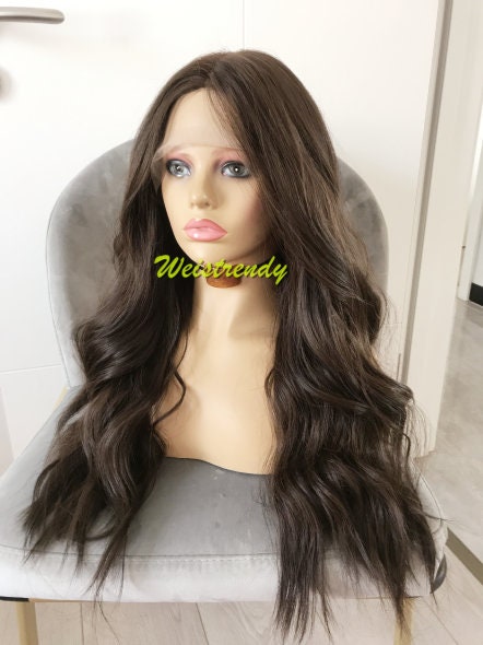 Light Weight Dark Brown Loose Wavy Long Straight Layered Centre Part Premium Synthetic Soft Swiss Lace Wig 6" Deep Part
