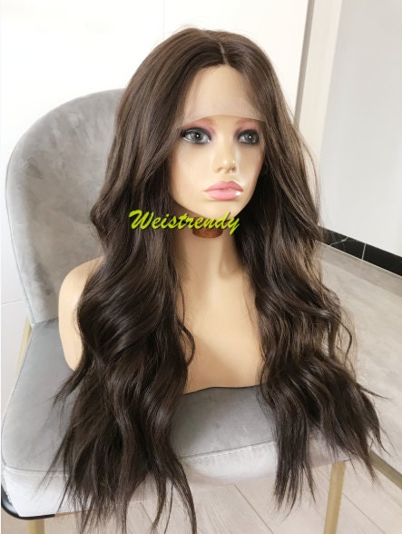 Light Weight Dark Brown Loose Wavy Long Straight Layered Centre Part Premium Synthetic Soft Swiss Lace Wig 6" Deep Part