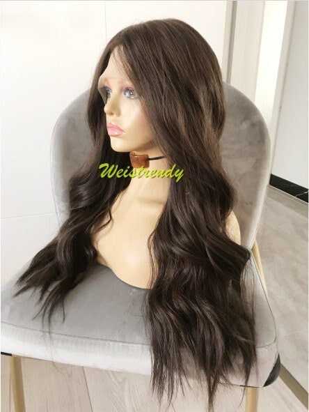 Light Weight Dark Brown Loose Wavy Long Straight Layered Centre Part Premium Synthetic Soft Swiss Lace Wig 6" Deep Part