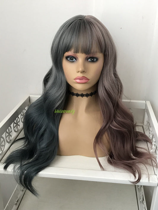 Half and Half Dusty Purple Dusty Blue Mixed Color Long Waves Hair Premium Synthetic No Lace Wig with Bangs Heat Safe