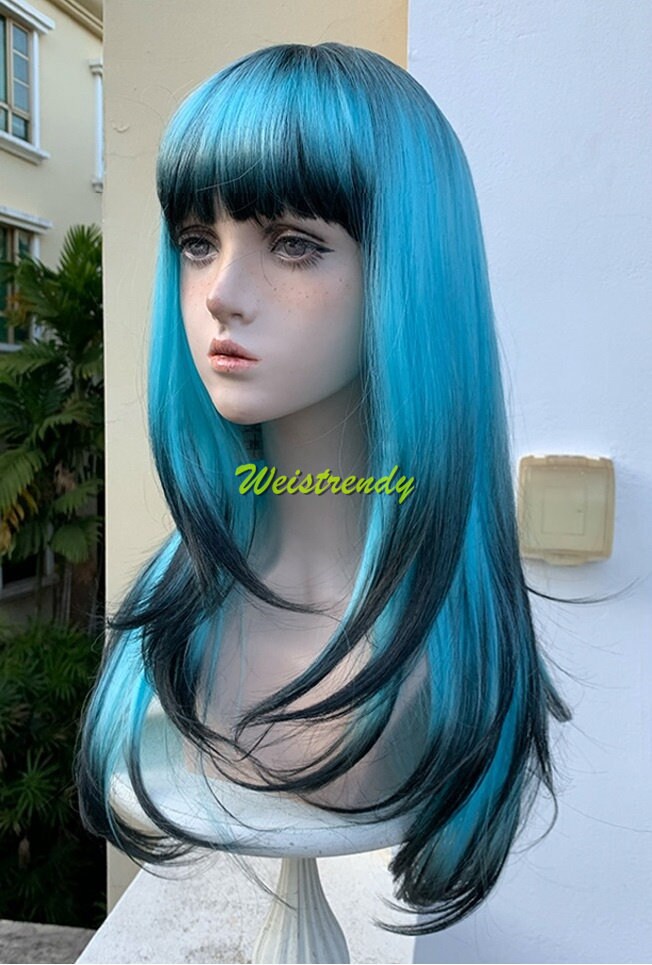 Blue Ombre Black Wig Butterfly Cut and Long Straight Hair with Dip Dyed Bangs Synthetic No lace Cosplay Wig Fun Wigs Heat Safe
