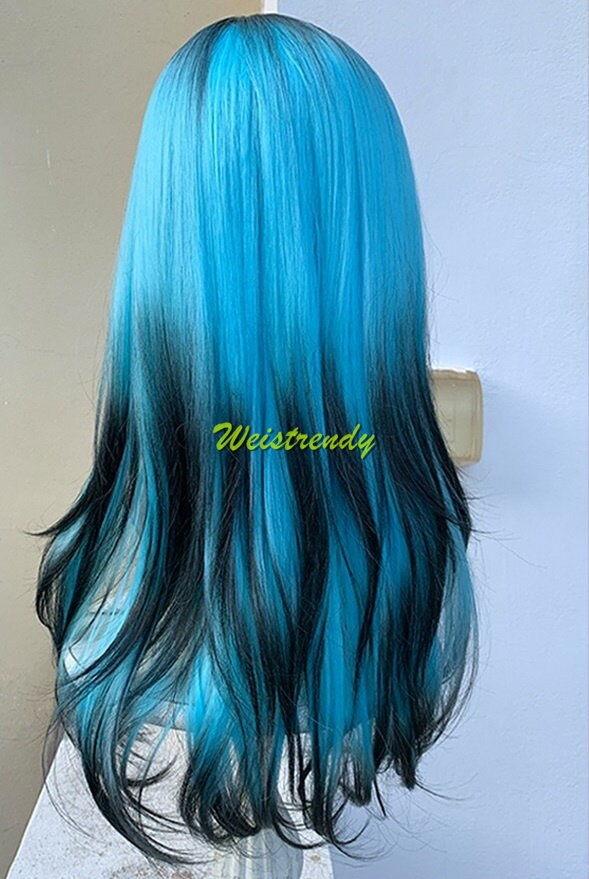 Blue Ombre Black Wig Butterfly Cut and Long Straight Hair with Dip Dyed Bangs Synthetic No lace Cosplay Wig Fun Wigs Heat Safe