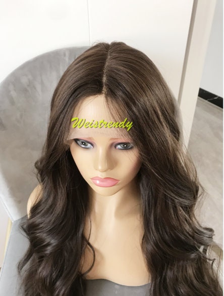 Light Weight Dark Brown Loose Wavy Long Straight Layered Centre Part Premium Synthetic Soft Swiss Lace Wig 6" Deep Part