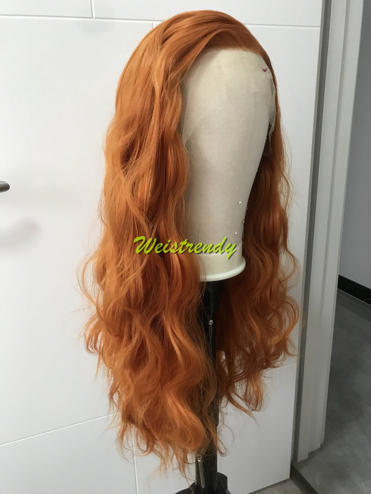 Ginger Orange Long Wavy Hair Premium Synthetic Soft Swiss Lace Front Wig Multi Part