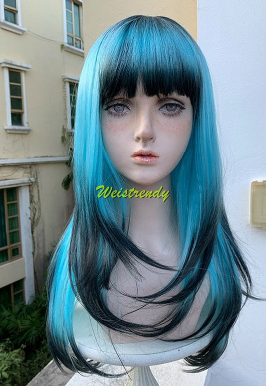 Blue Ombre Black Wig Butterfly Cut and Long Straight Hair with Dip Dyed Bangs Synthetic No lace Cosplay Wig Fun Wigs Heat Safe