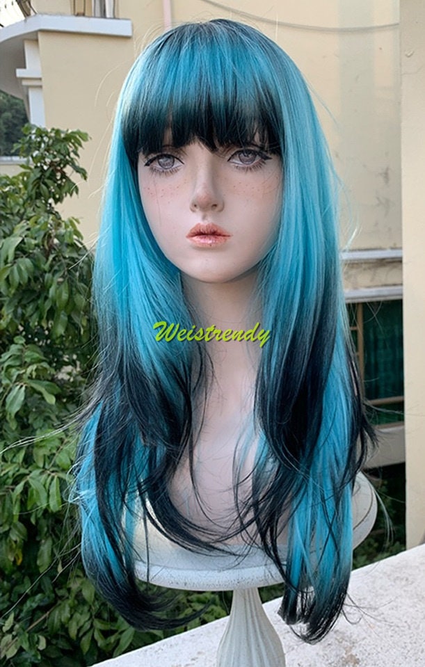 Blue Ombre Black Wig Butterfly Cut and Long Straight Hair with Dip Dyed Bangs Synthetic No lace Cosplay Wig Fun Wigs Heat Safe