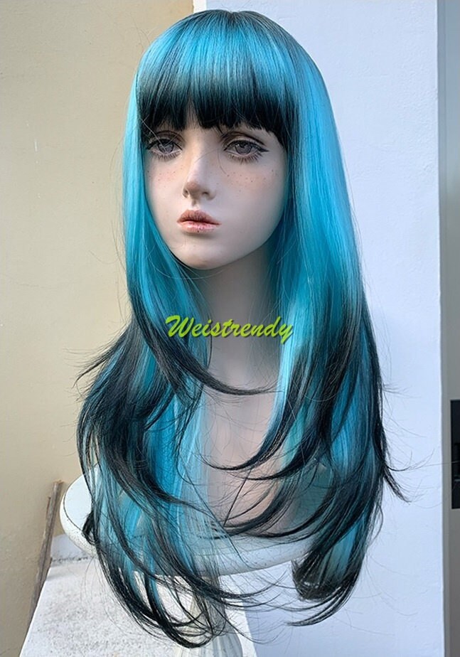 Blue Ombre Black Wig Butterfly Cut and Long Straight Hair with Dip Dyed Bangs Synthetic No lace Cosplay Wig Fun Wigs Heat Safe