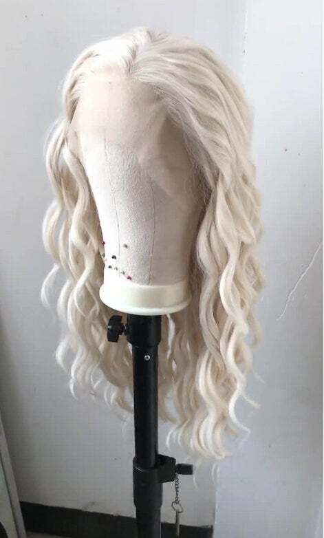 Beige Blonde 24in Long Beachy Wavy Hair Premium Synthetic Swiss Lace Frontal Wig Free Partting Heat Safe