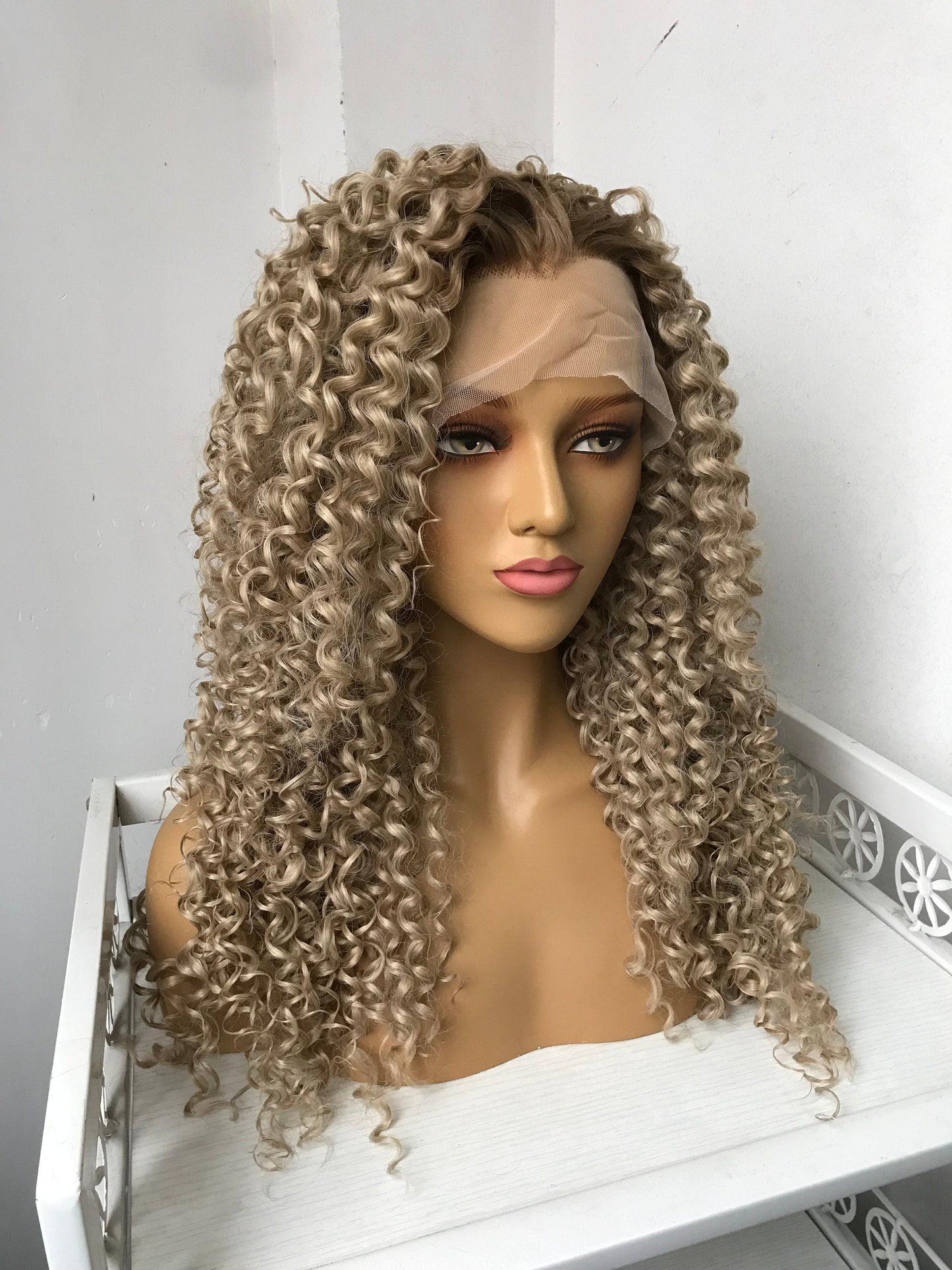 Dark Roots Ombre Ash Blonde Long Afro Curly Wigs Premium Synthetic Hair Wigs Daily Wigs