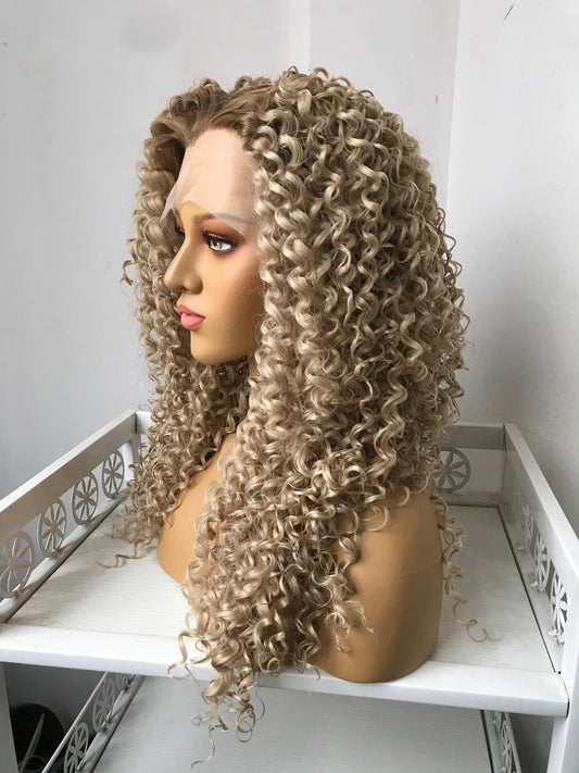 Dark Roots Ombre Ash Blonde Long Afro Curly Wigs Premium Synthetic Hair Wigs Daily Wigs