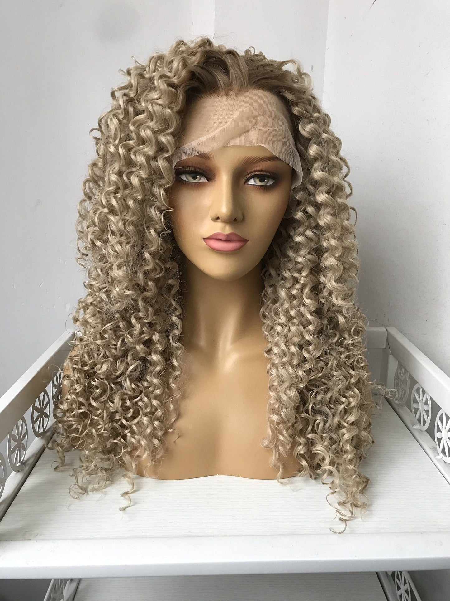 Dark Roots Ombre Ash Blonde Long Afro Curly Wigs Premium Synthetic Hair Wigs Daily Wigs