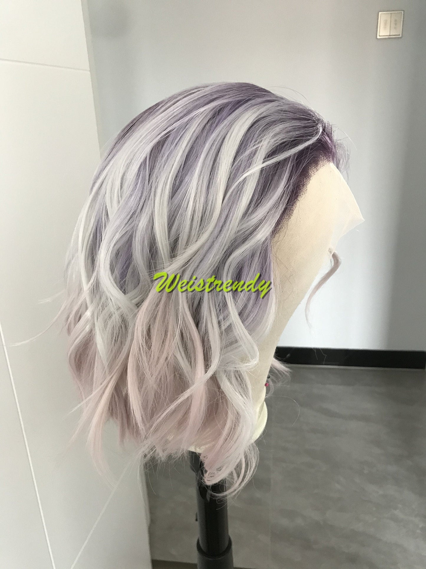 Mystery Pastel Purple Rainbow Lilac into Light Pink in 10 Stylish Wavy Bob Hair Lace frontal Synthetic Wig