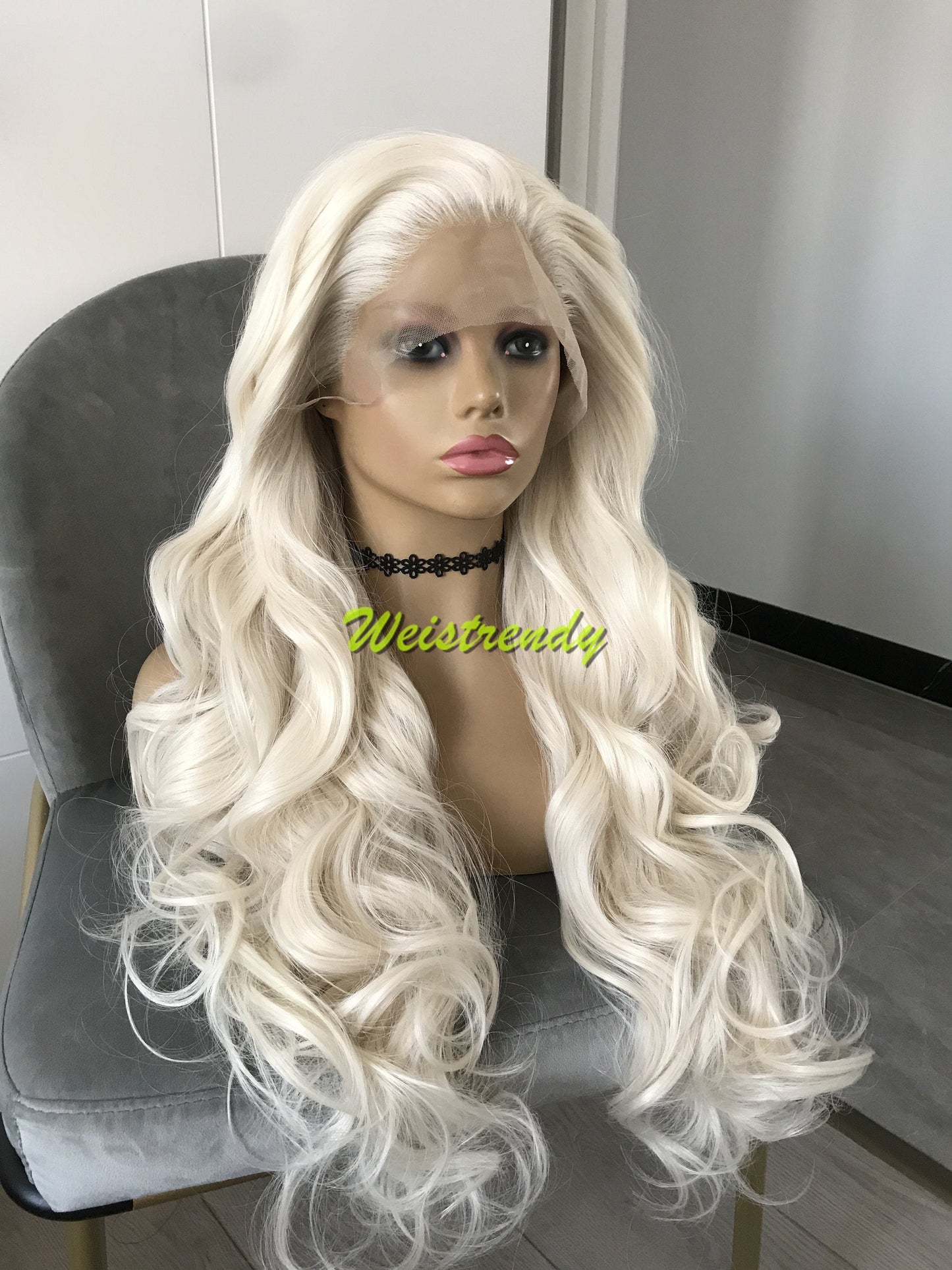 Long Curly Wave Platinum Blonde Synthetic Lace Front Wig Multi Part for White Women