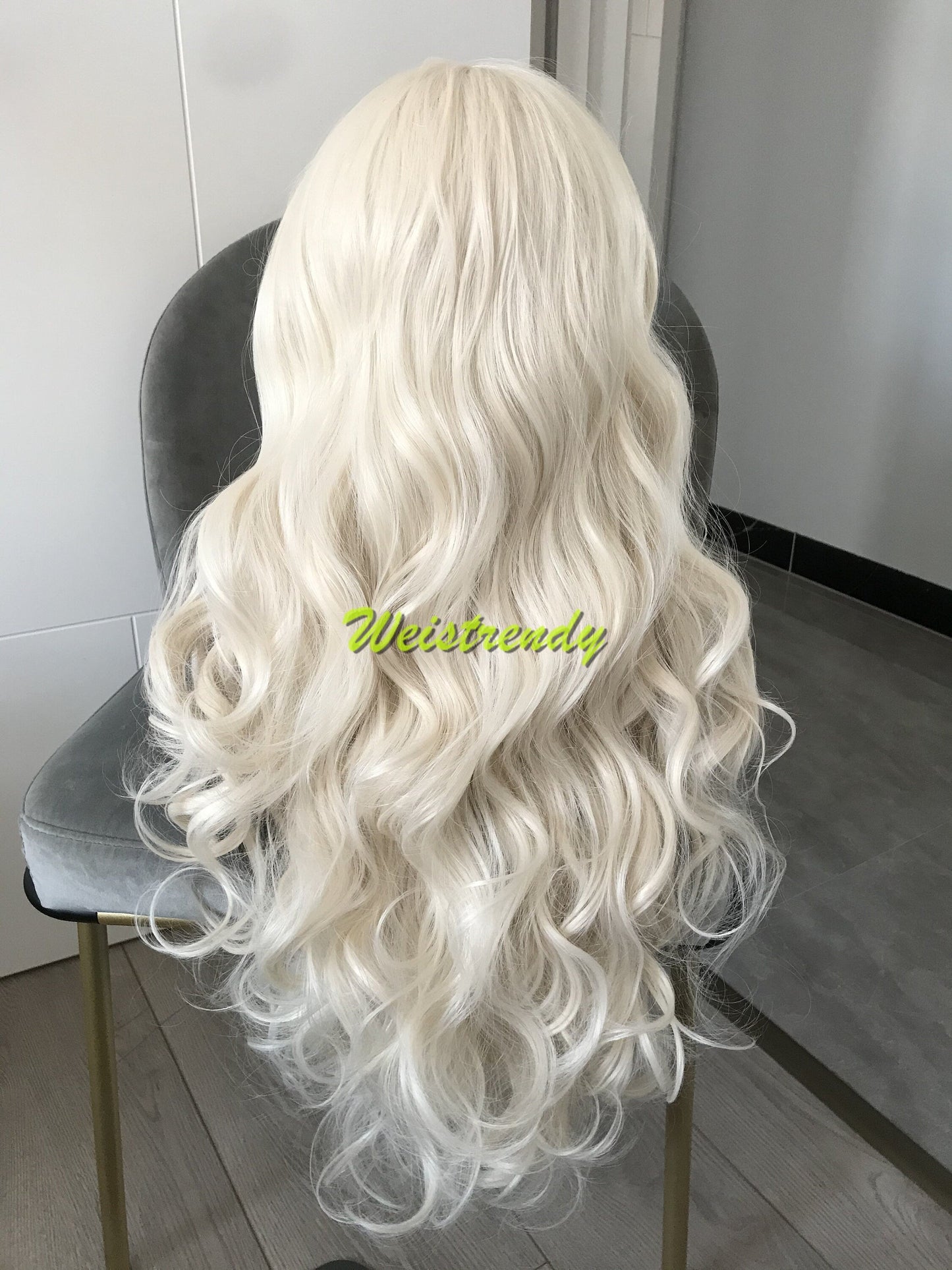 Long Curly Wave Platinum Blonde Synthetic Lace Front Wig Multi Part for White Women