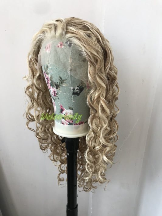 Mixed Blonde Brown Long Ring Curls Wigs Premium Synthetic Fibre Heat Safe Glueless Lace Frontal Wig