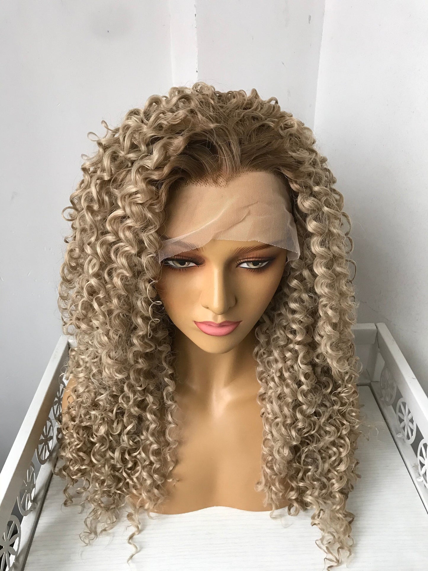 Dark Roots Ombre Ash Blonde Long Afro Curly Wigs Premium Synthetic Hair Wigs Daily Wigs