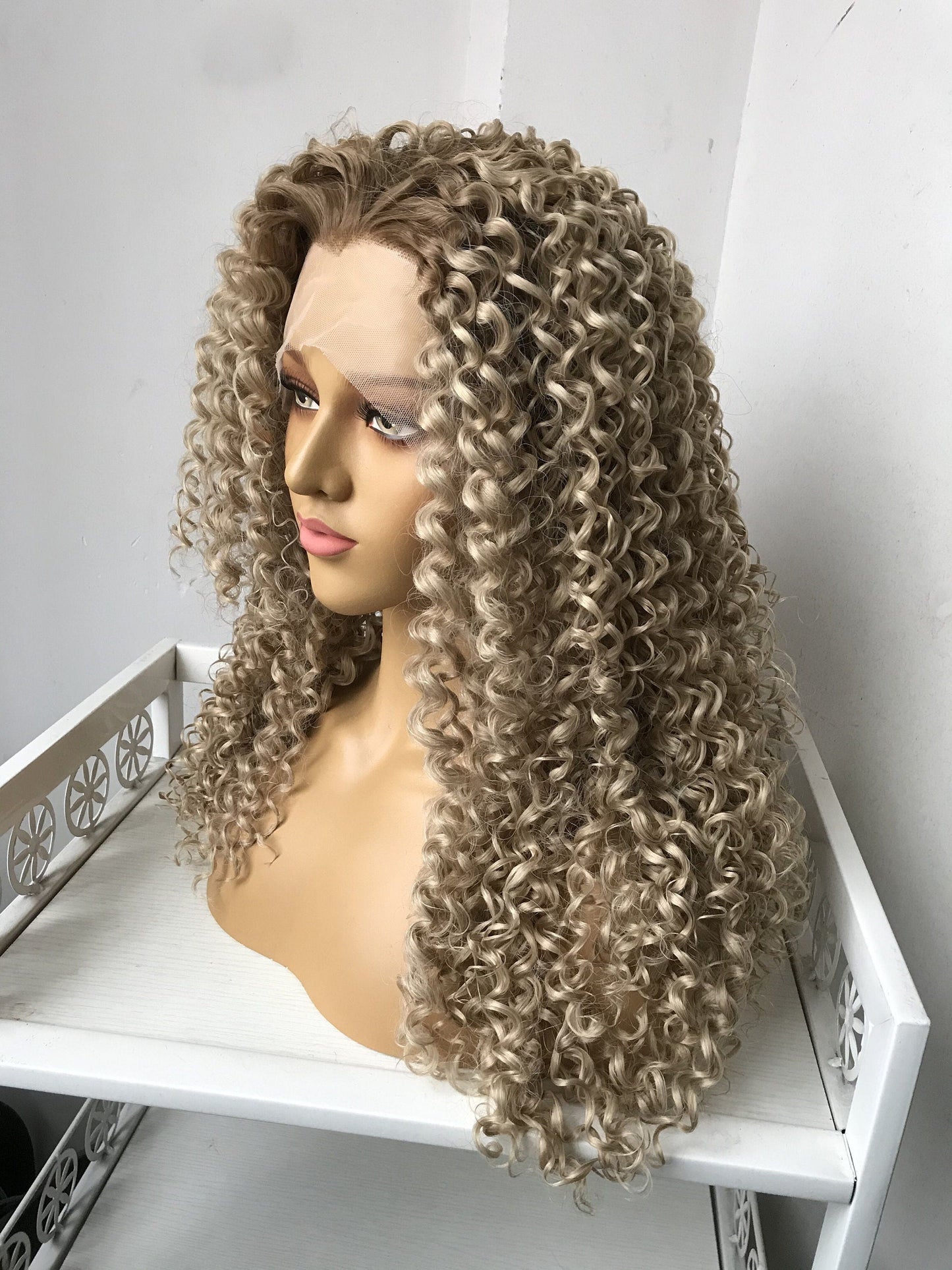 Dark Roots Ombre Ash Blonde Long Afro Curly Wigs Premium Synthetic Hair Wigs Daily Wigs