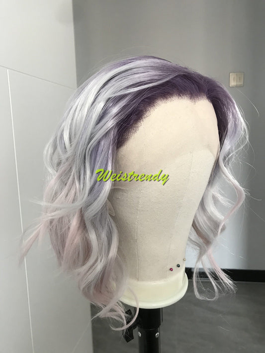 Mystery Pastel Purple Rainbow Lilac into Light Pink in 10 Stylish Wavy Bob Hair Lace frontal Synthetic Wig