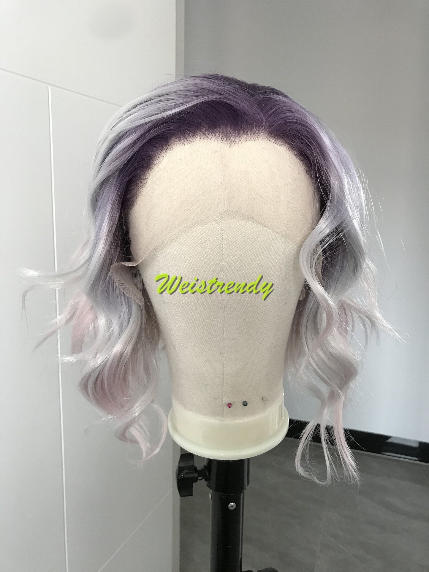 Mystery Pastel Purple Rainbow Lilac into Light Pink in 10 Stylish Wavy Bob Hair Lace frontal Synthetic Wig