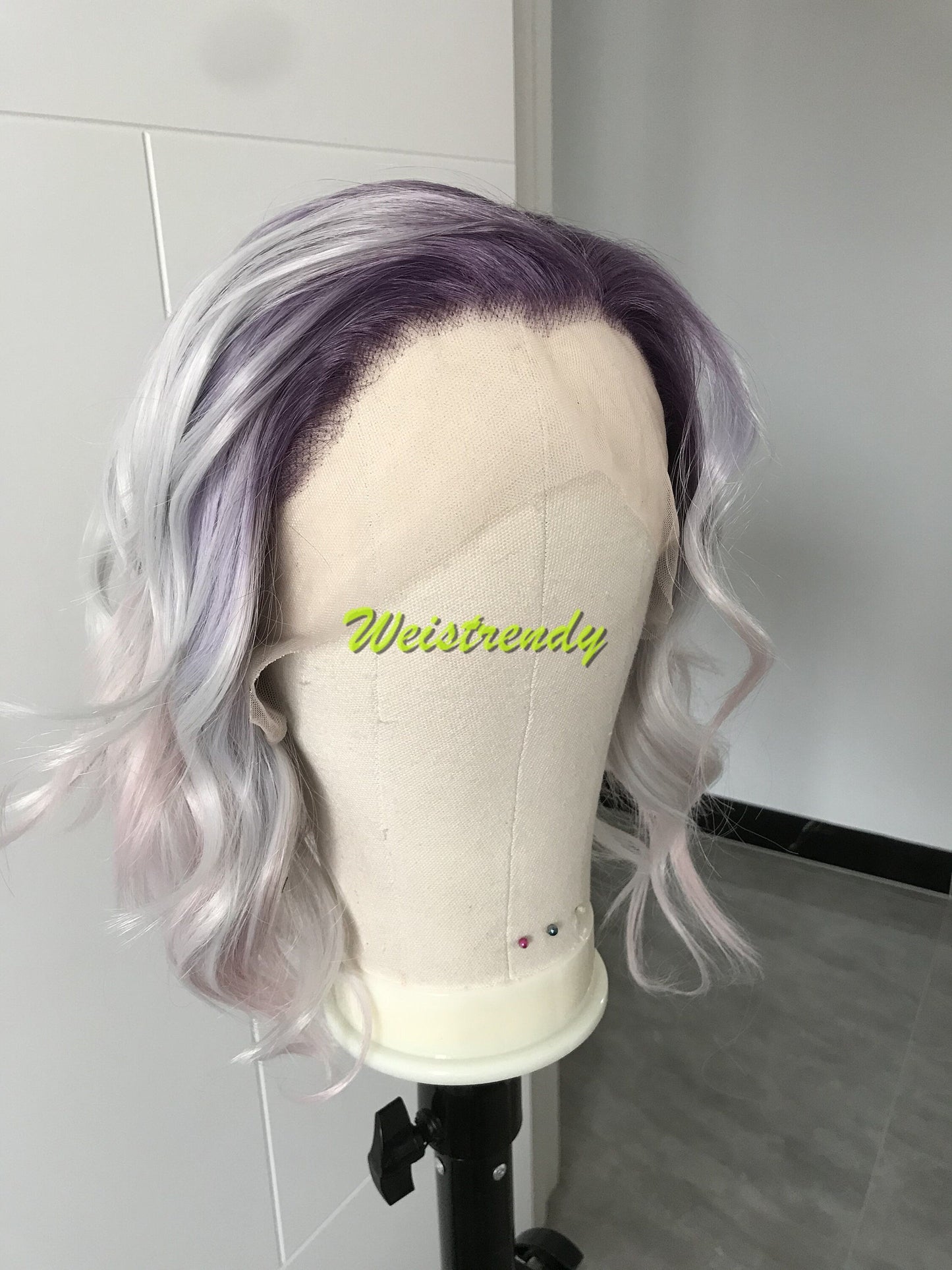 Mystery Pastel Purple Rainbow Lilac into Light Pink in 10 Stylish Wavy Bob Hair Lace frontal Synthetic Wig