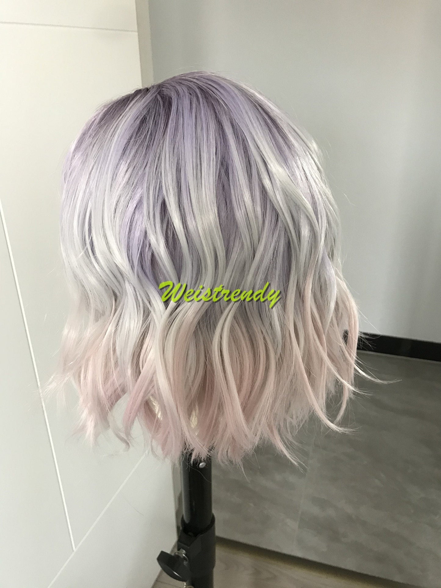 Mystery Pastel Purple Rainbow Lilac into Light Pink in 10 Stylish Wavy Bob Hair Lace frontal Synthetic Wig