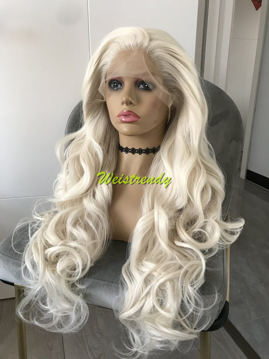 Long Curly Wave Platinum Blonde Synthetic Lace Front Wig Multi Part for White Women