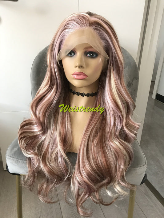 Inspired by Shale - Pink Blonde Brown Mixed Colors Body Wave Lace Frontal Multi Part Wig Realistic