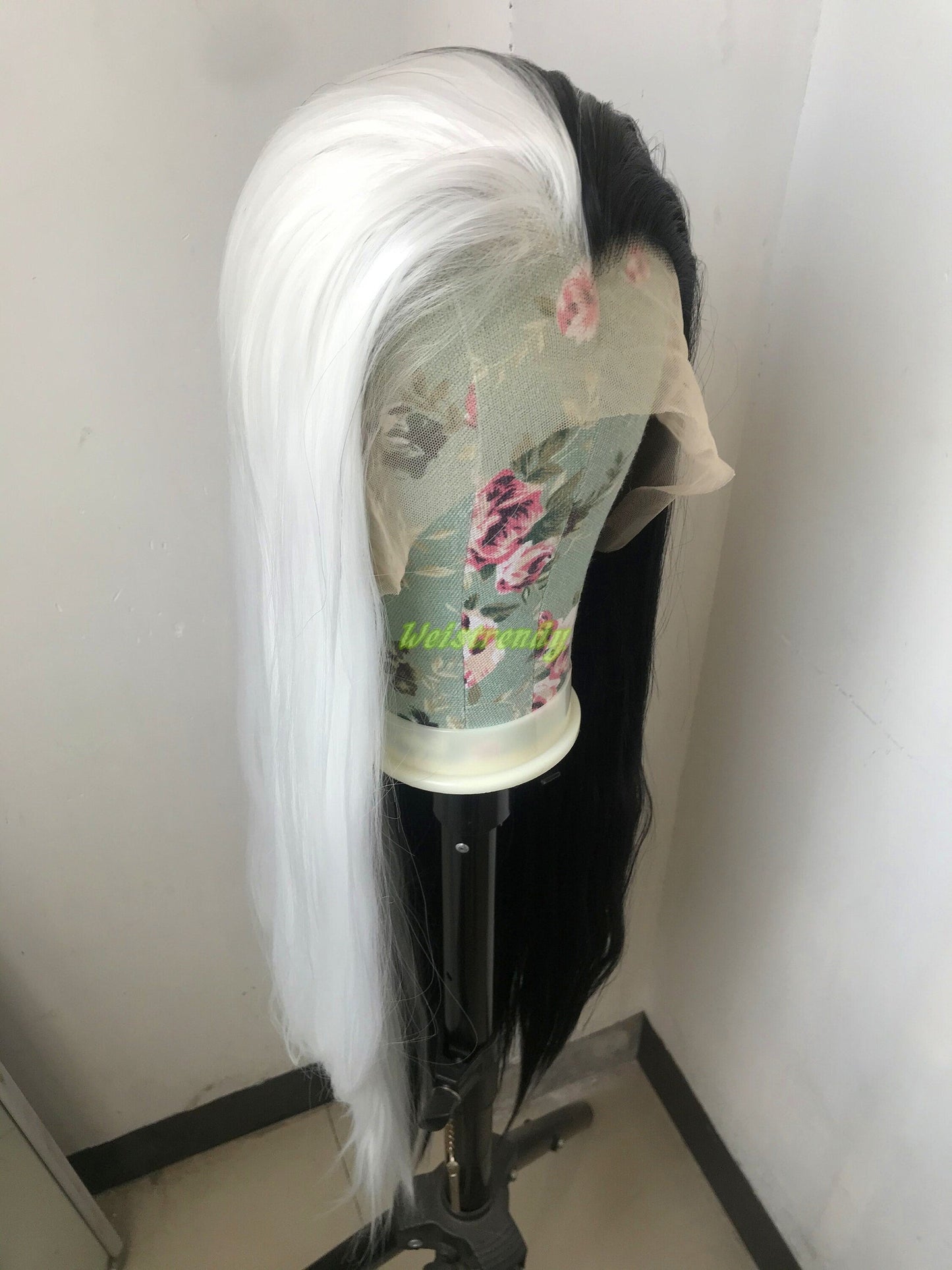 32in Half and Half Black White Long Straight Hair Synthetic Lace Frontal Wig with Natural Hairline