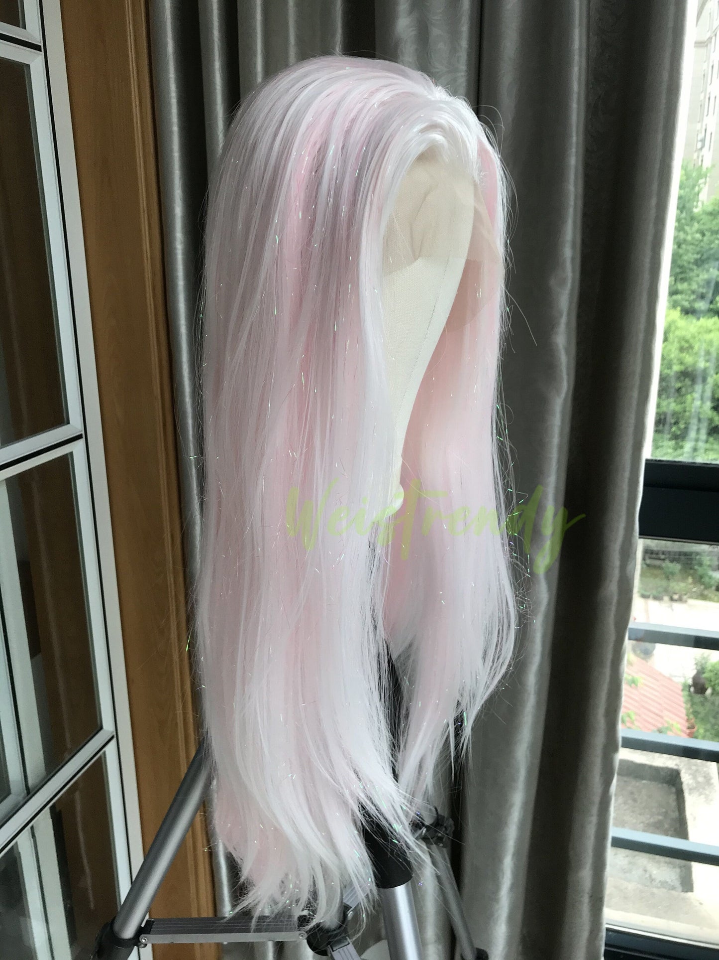 Mixed Tinsel Sparkle Cream Pink | Ice Pink Premium Synthetic Hair Swiss Lace frontal Wig Free Partting Heat Safe