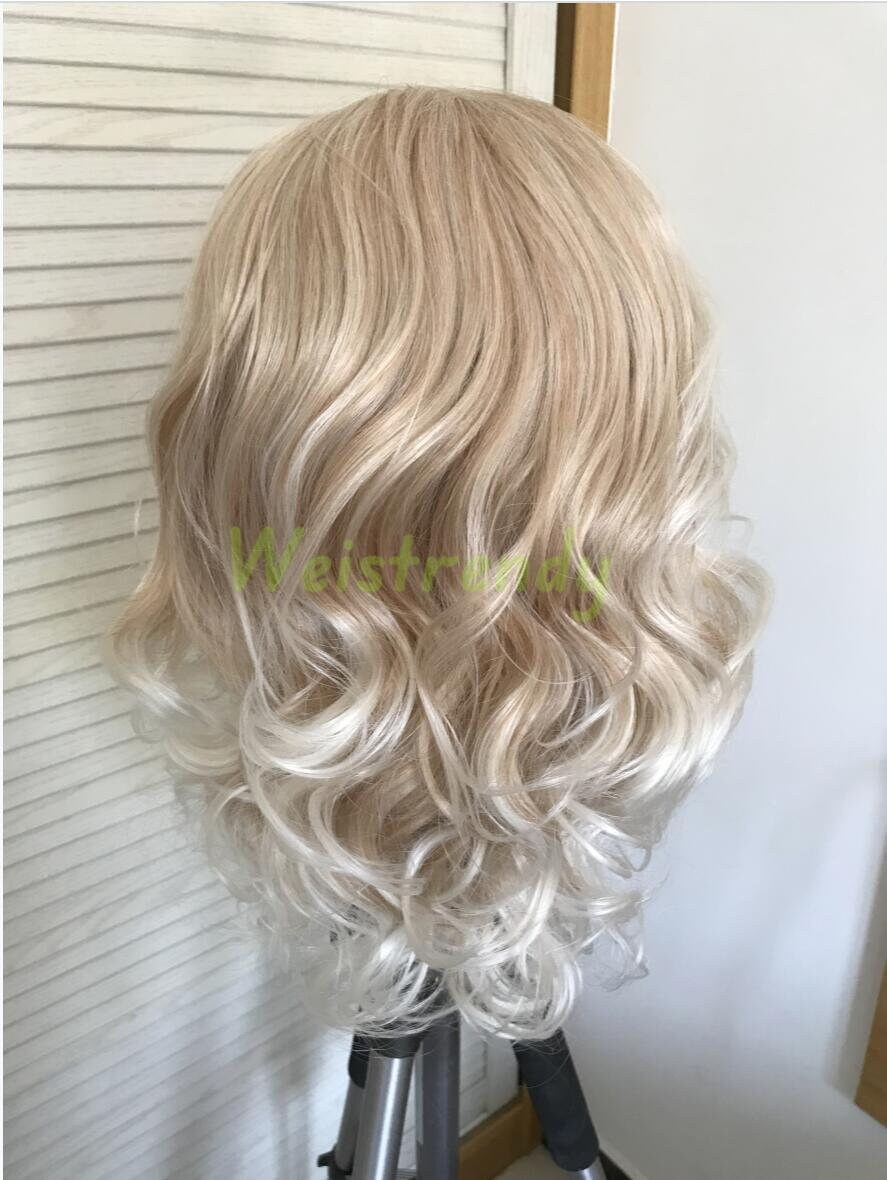 Mixed Blonde Ombre White Blonde Medium Length Curls Wavy Hair with White Frame | Premium Synthetic Lace Front Wig Free Part Heat Safe