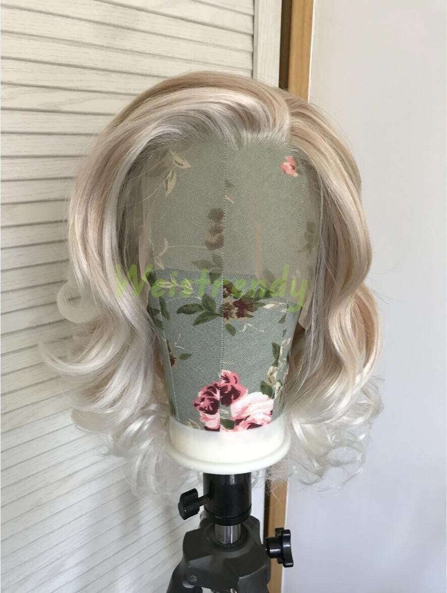 Mixed Blonde Ombre White Blonde Medium Length Curls Wavy Hair with White Frame | Premium Synthetic Lace Front Wig Free Part Heat Safe