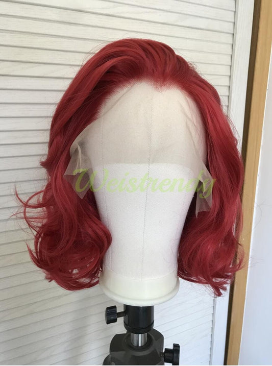 Dark Red Medium Length Curls Wavy Hair Synthetic Soft Swiss Lace Front Wig Heat Friendly