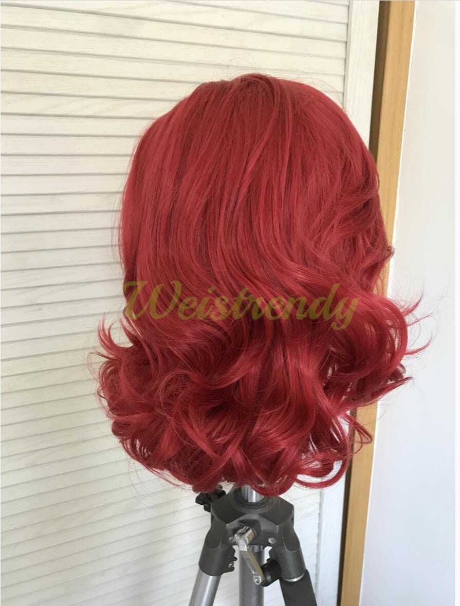 Dark Red Medium Length Curls Wavy Hair Synthetic Soft Swiss Lace Front Wig Heat Friendly