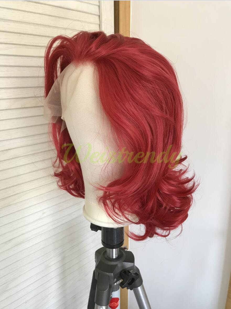 Dark Red Medium Length Curls Wavy Hair Synthetic Soft Swiss Lace Front Wig Heat Friendly
