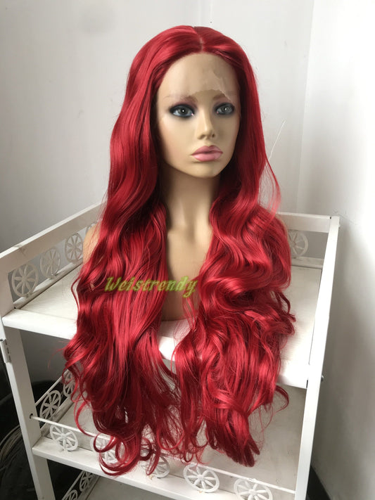30in Cherry Red Long Curls Waves Wig Premium Synthetic Soft Swiss Lace Frontal Wigs Multi Part