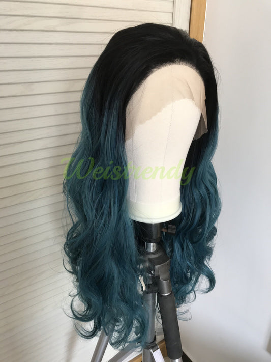 Black Root Mixed Green Blue Ombre Long Curls Wavy Hair Synthetic Lace Front Wig