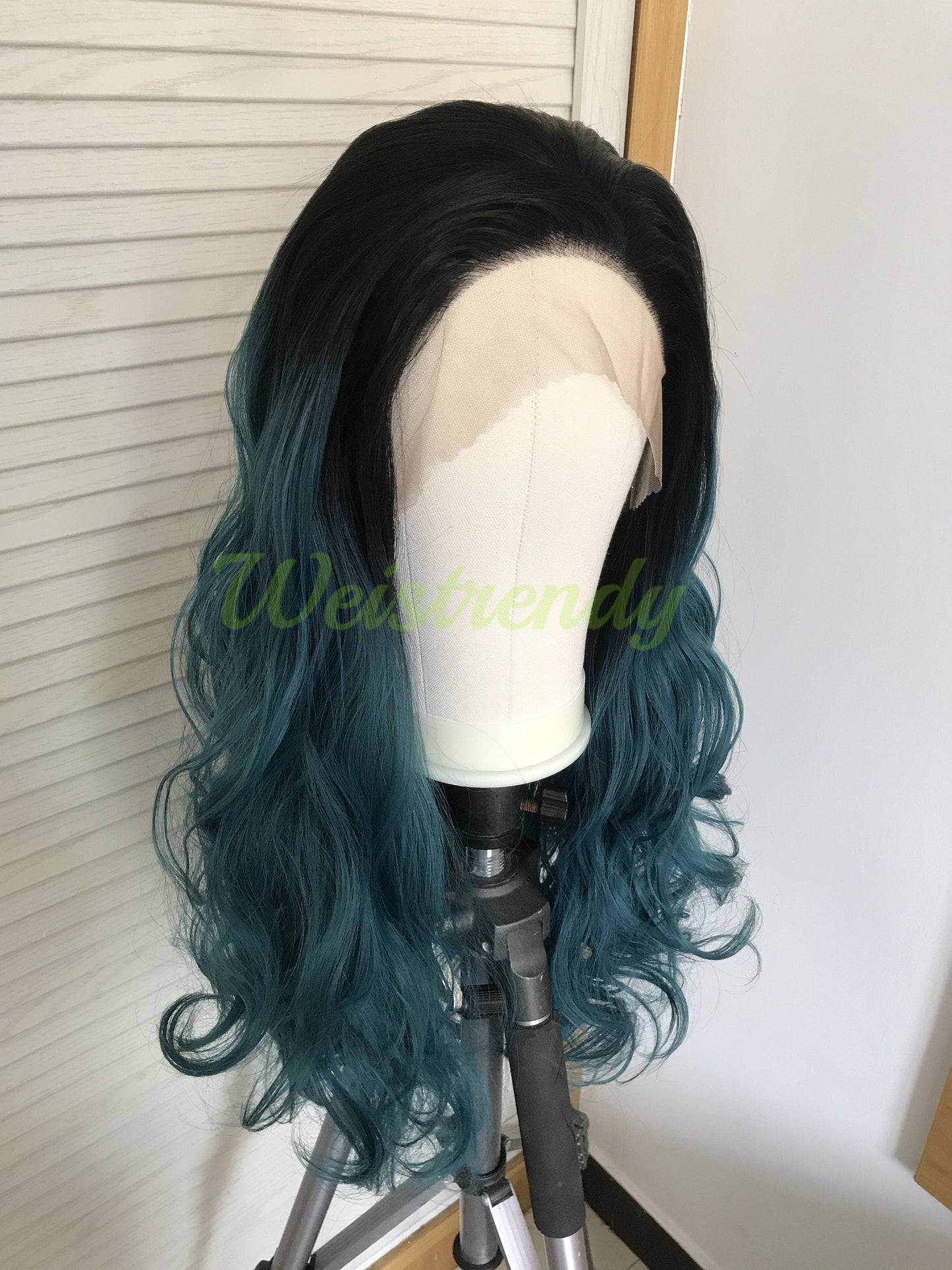 Black Root Mixed Green Blue Ombre Long Curls Wavy Hair Synthetic Lace Front Wig