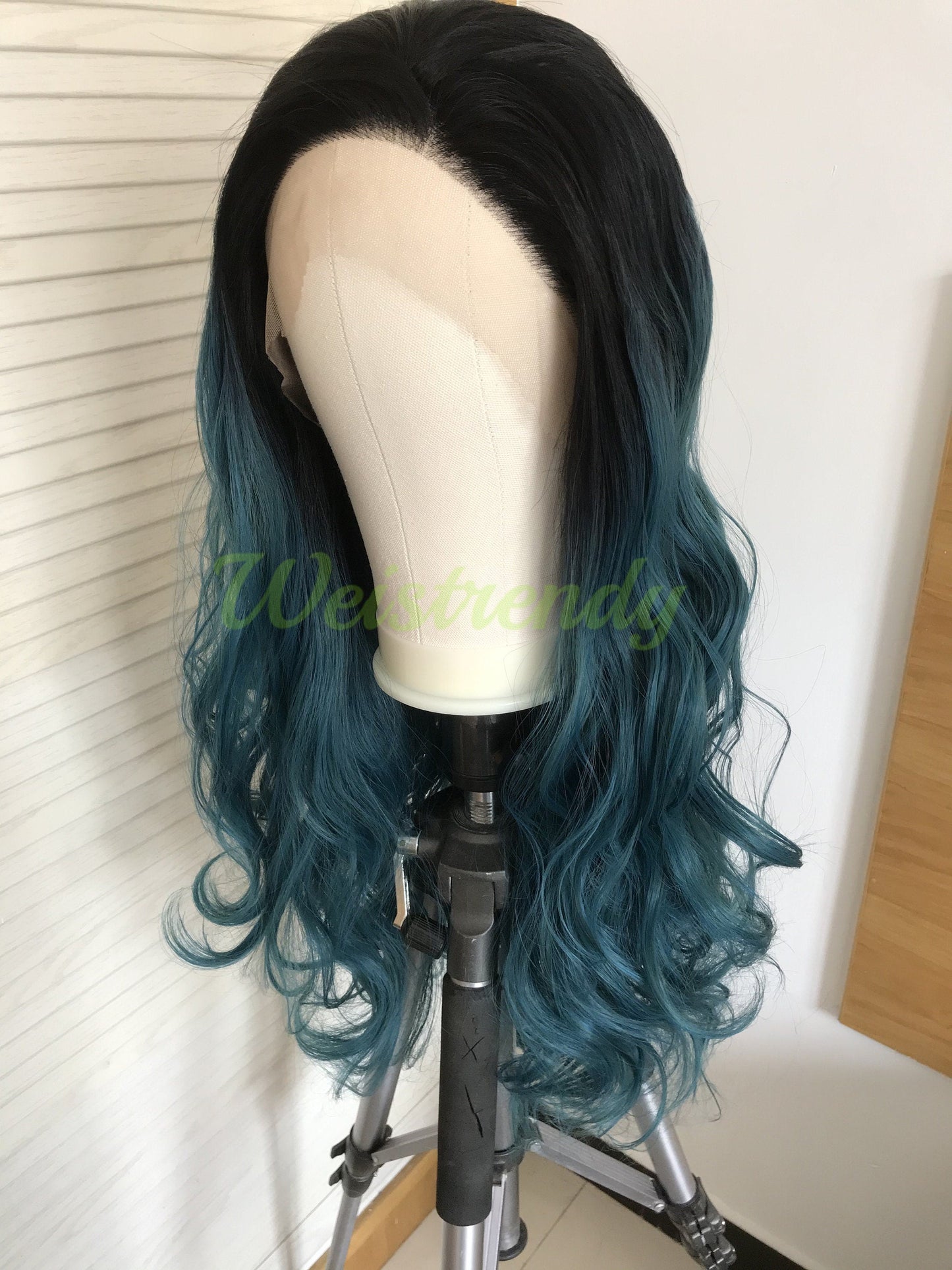Black Root Mixed Green Blue Ombre Long Curls Wavy Hair Synthetic Lace Front Wig