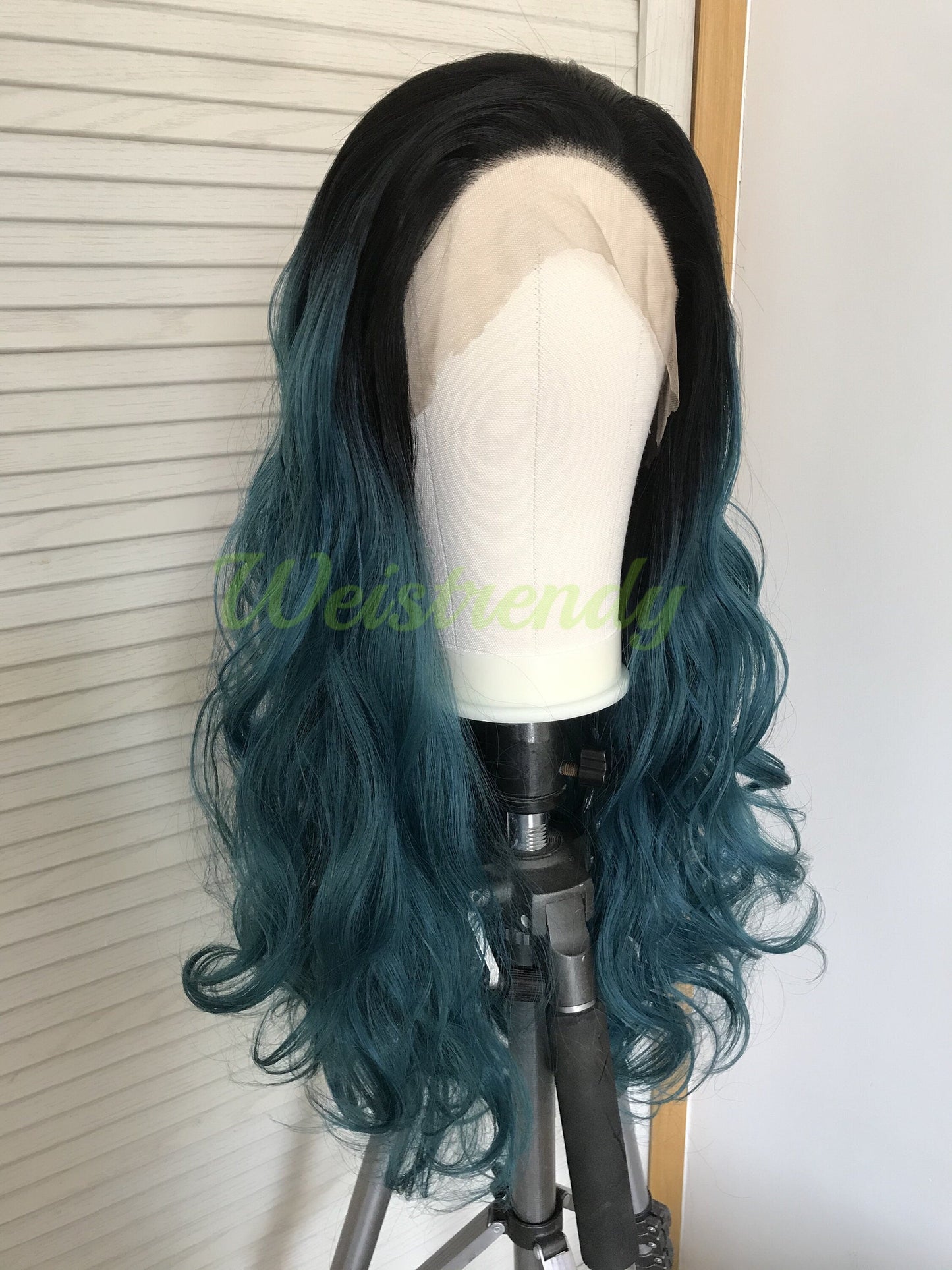 Black Root Mixed Green Blue Ombre Long Curls Wavy Hair Synthetic Lace Front Wig