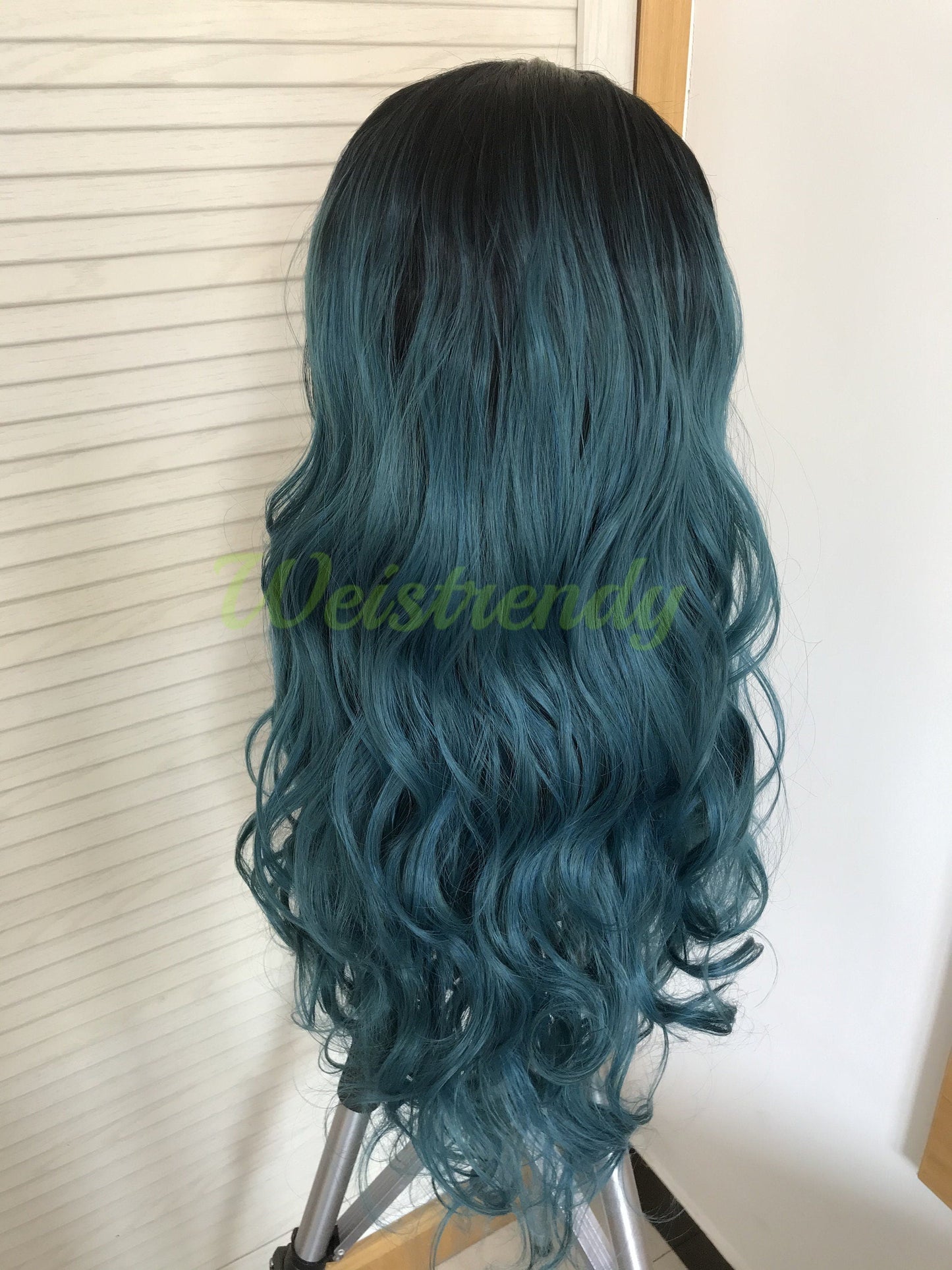 Black Root Mixed Green Blue Ombre Long Curls Wavy Hair Synthetic Lace Front Wig
