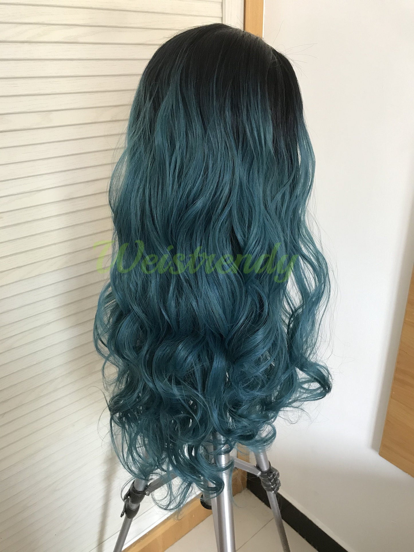 Black Root Mixed Green Blue Ombre Long Curls Wavy Hair Synthetic Lace Front Wig
