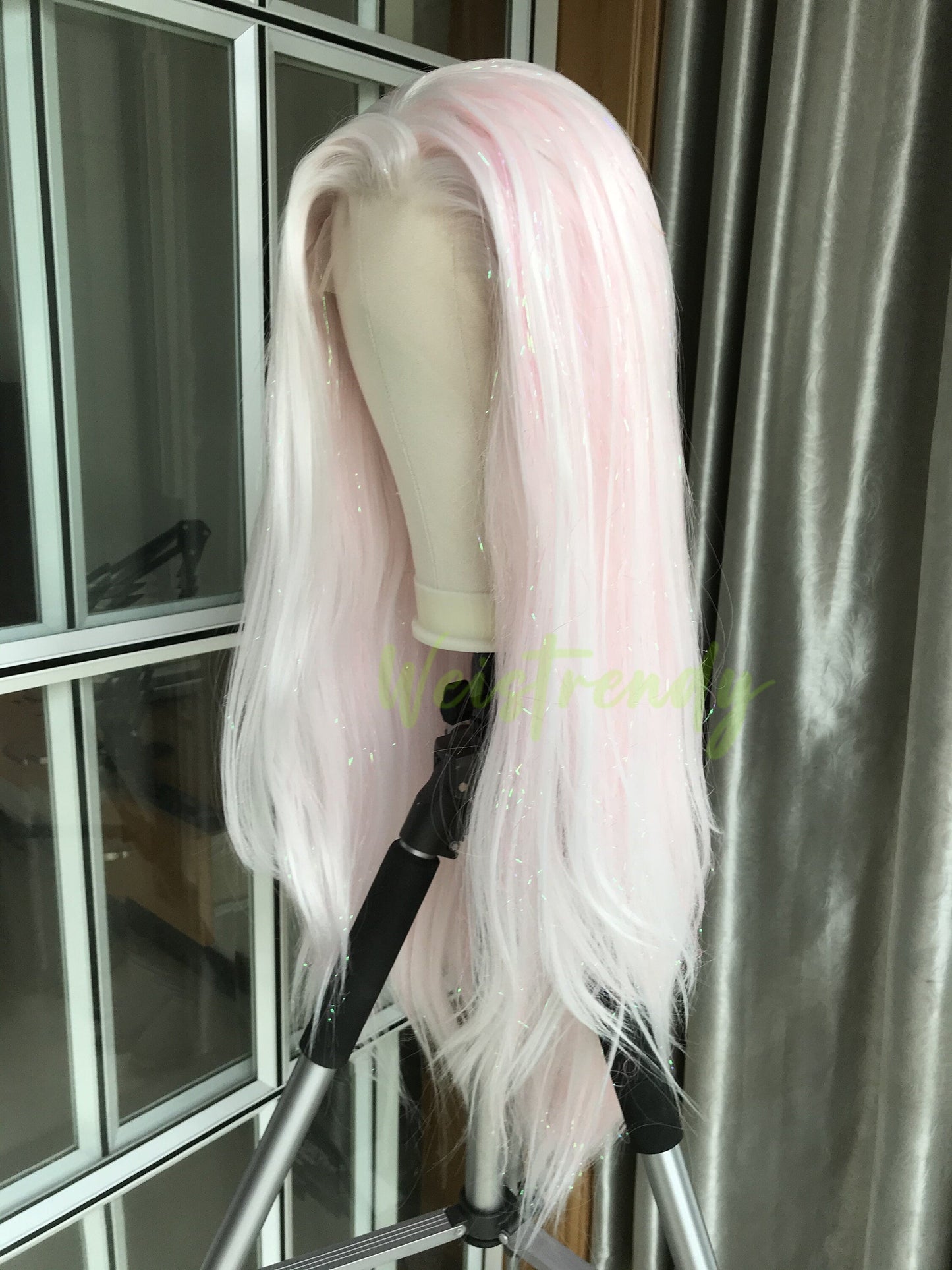 Mixed Tinsel Sparkle Cream Pink | Ice Pink Premium Synthetic Hair Swiss Lace frontal Wig Free Partting Heat Safe