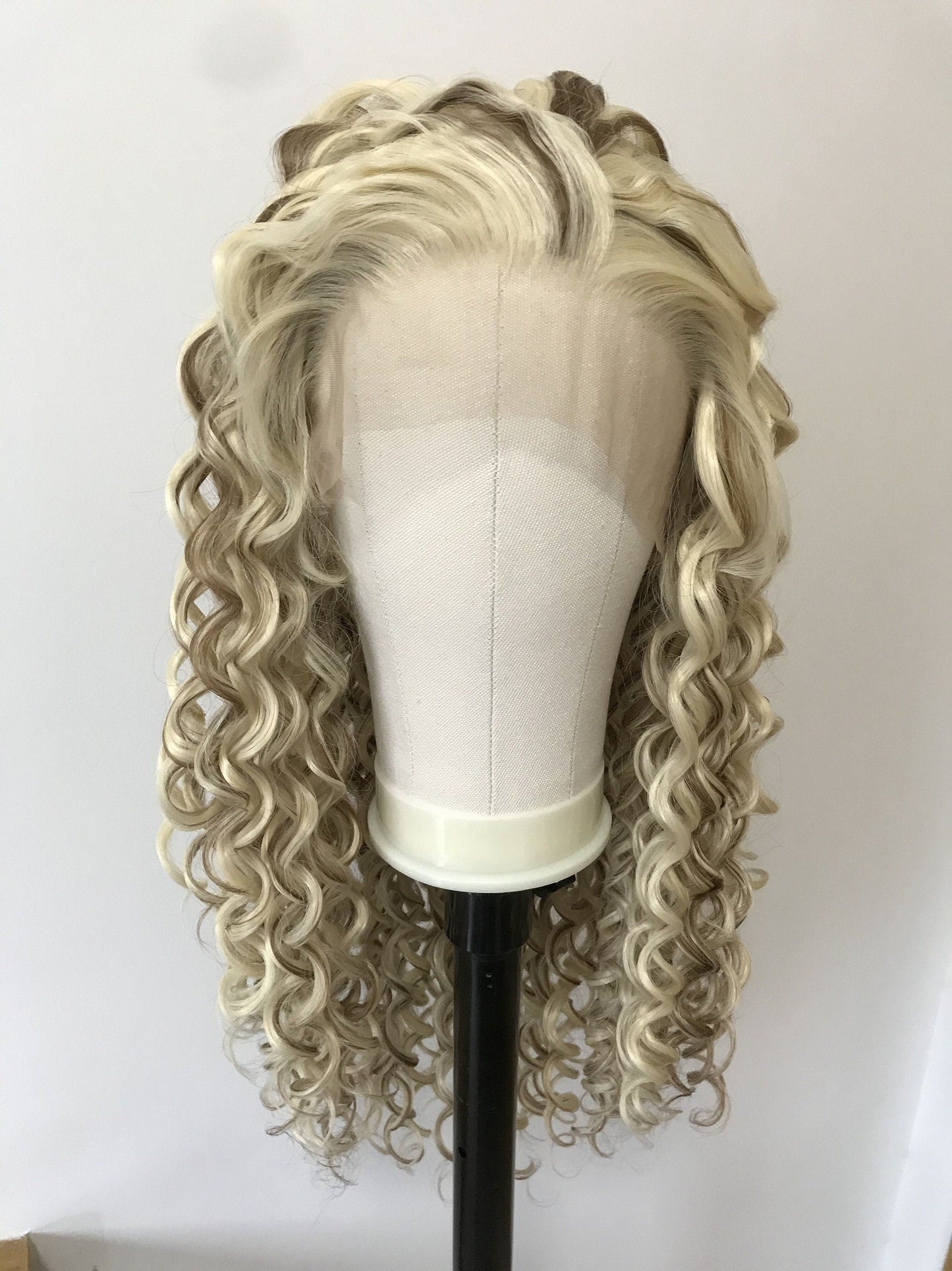 Mixed Blonde Brown Long Ring Curls Wigs Premium Synthetic Fibre Heat Safe Glueless Lace Frontal Wig