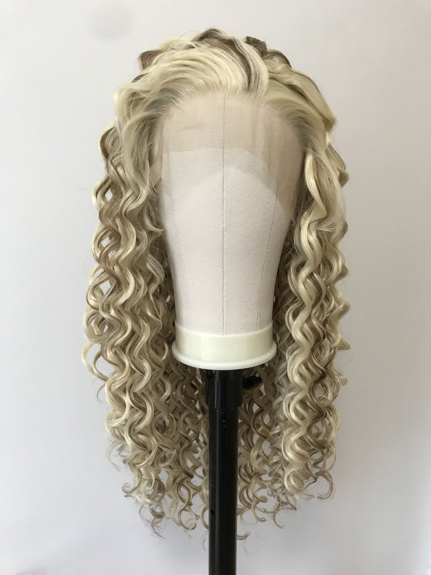 Mixed Blonde Brown Long Ring Curls Wigs Premium Synthetic Fibre Heat Safe Glueless Lace Frontal Wig