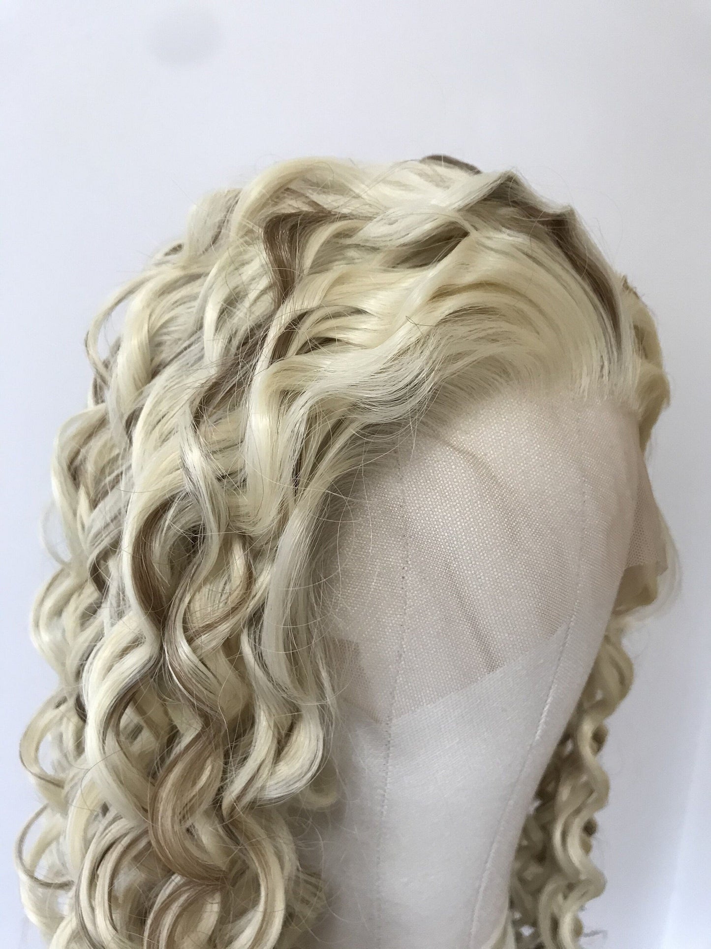 Mixed Blonde Brown Long Ring Curls Wigs Premium Synthetic Fibre Heat Safe Glueless Lace Frontal Wig