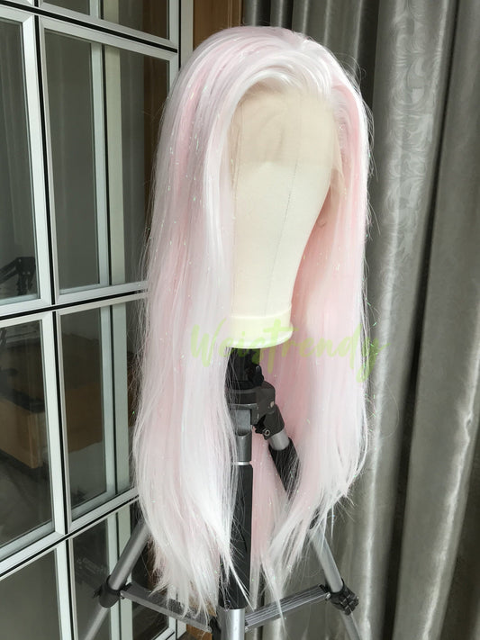 Mixed Tinsel Sparkle Cream Pink | Ice Pink Premium Synthetic Hair Swiss Lace frontal Wig Free Partting Heat Safe