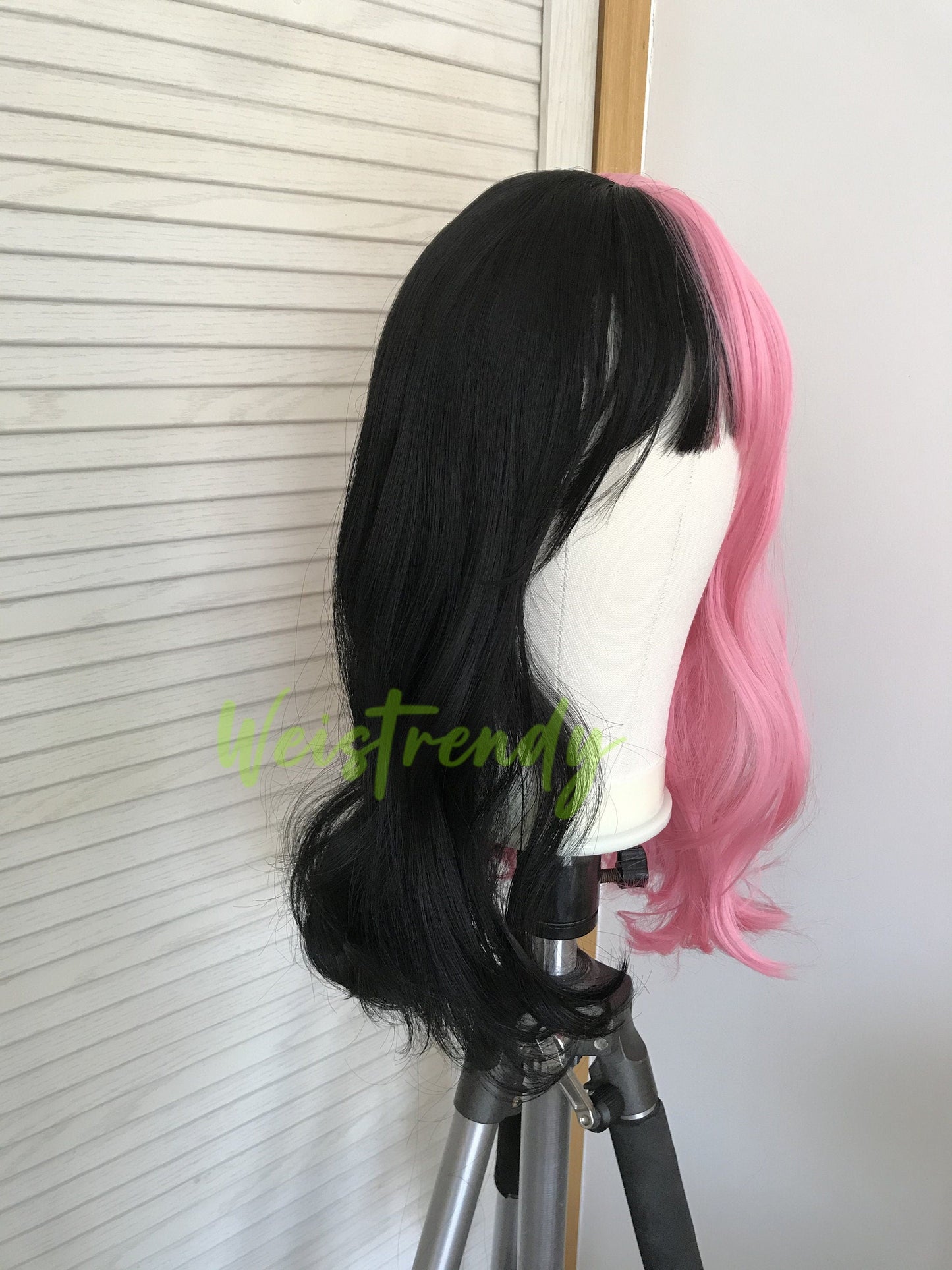 Half and Half Pink Black 16in Body Wave Hair Premium Synthetic No Lace Wig with Bangs Heat Ok