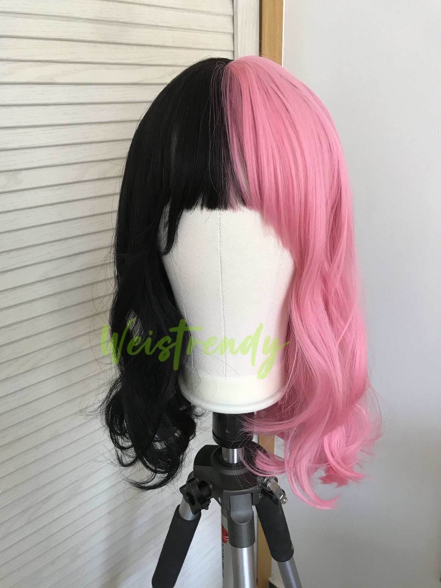 Half and Half Pink Black 16in Body Wave Hair Premium Synthetic No Lace Wig with Bangs Heat Ok
