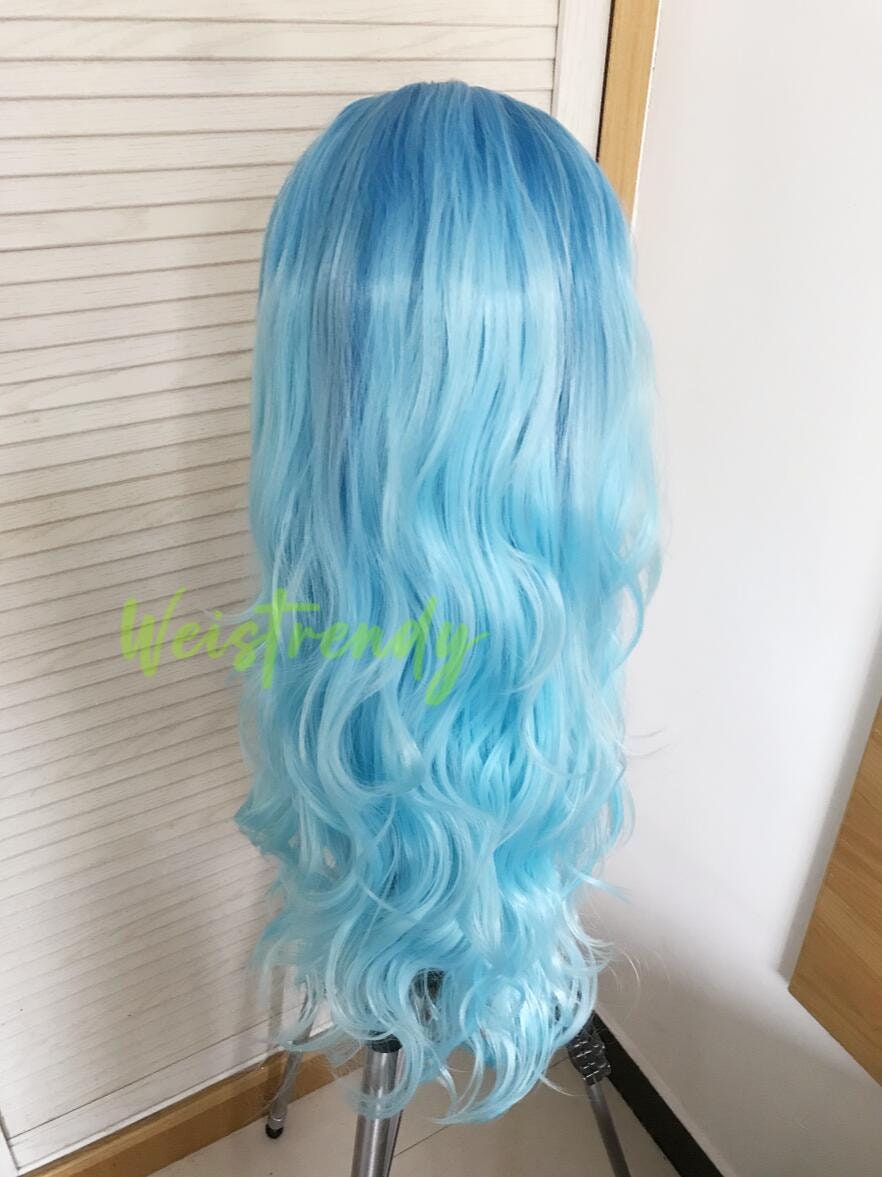 Medium Blue to Light Blue Ombré Long Curls Wavy Hair Wigs Premium Synthetic Lace Front Wigs Heat Freindly