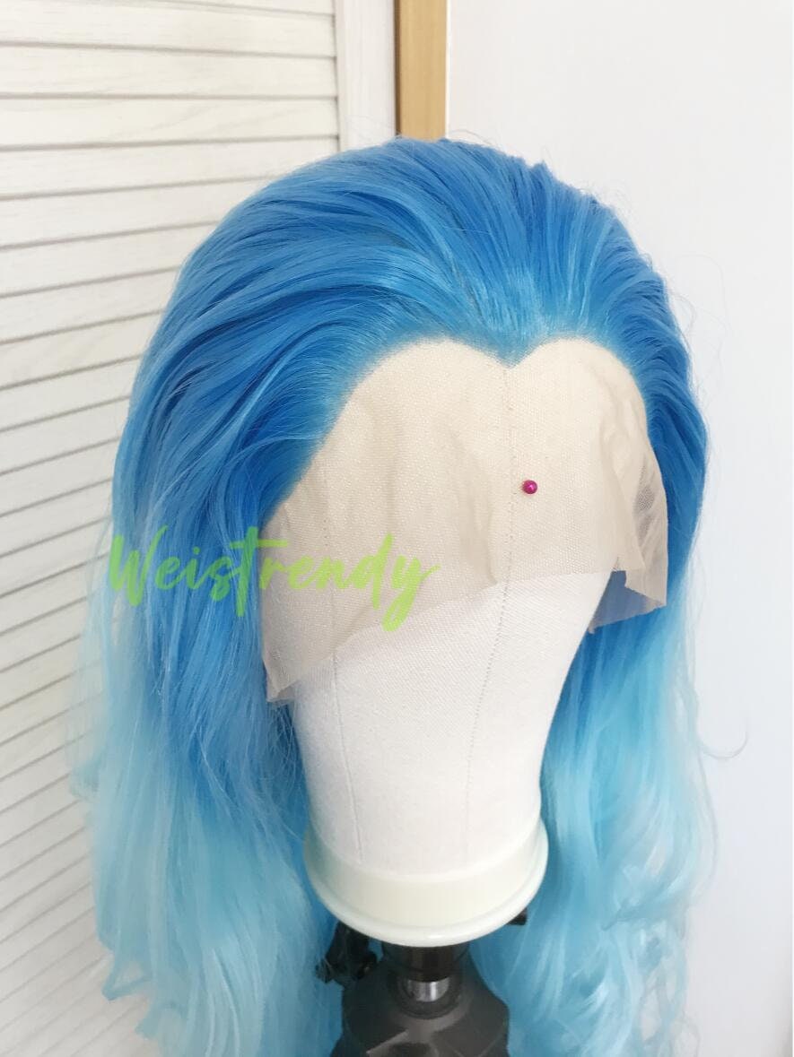 Medium Blue to Light Blue Ombré Long Curls Wavy Hair Wigs Premium Synthetic Lace Front Wigs Heat Freindly
